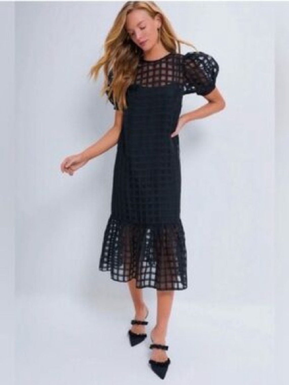 Hyacinth House Organza Sheer Check Puff-Sleeve Dress - Black